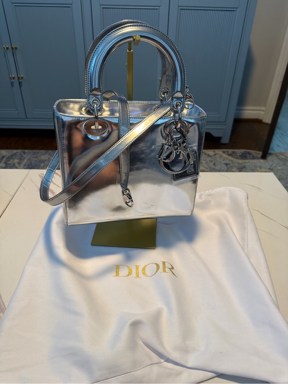 Dior Silver Metallic leather Lady Dior Medium Handbag rare limited edition